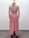 African Women's Sleeveless Halter Neck Fashion Plaid Dress Trendy High-Waist Asymmetrical Long Dress