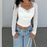 Women See Through Long Sleeve Lace Patchwork Ruched Cowl Neck T Shirt Top
