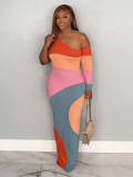 Women Color Block Geometric Patchwork One Shoulder Asymmetric Long Sleeve Sexy Bodycon Dress