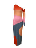 Women Color Block Geometric Patchwork One Shoulder Asymmetric Long Sleeve Sexy Bodycon Dress