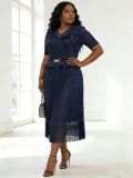 Plus Size Women Ruched Lace Elegant Short Sleeve Pleated Maxi Dress