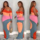 Women Color Block Geometric Patchwork One Shoulder Asymmetric Long Sleeve Sexy Bodycon Dress