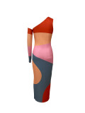 Women Color Block Geometric Patchwork One Shoulder Asymmetric Long Sleeve Sexy Bodycon Dress