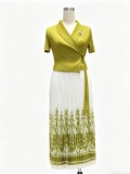 Plus Size Women African Print Turndown Collar Elegant Lace Up Ruched Maxi Dress