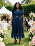 Plus Size Women African Ruched Lace Elegant Formal Party Maxi Dress