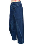 Women American Style Irregular Cross Metal Buckle Wide Leg Pants