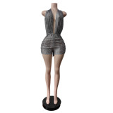 Women Mesh Print Halter Neck Backless Jumpsuit