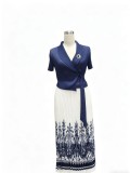 Plus Size Women African Print Turndown Collar Elegant Lace Up Ruched Maxi Dress