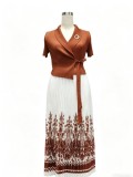 Plus Size Women African Print Turndown Collar Elegant Lace Up Ruched Maxi Dress