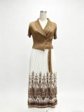 Plus Size Women African Print Turndown Collar Elegant Lace Up Ruched Maxi Dress