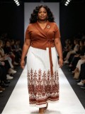 Plus Size Women African Print Turndown Collar Elegant Lace Up Ruched Maxi Dress