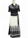 Plus Size Women African Print Turndown Collar Elegant Lace Up Ruched Maxi Dress
