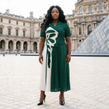 Plus Size Women Ruched Elegant Turndown Collar Pleated Short Sleeve Dress