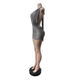 Women Mesh Print Halter Neck Backless Jumpsuit