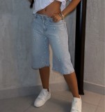Women Summer Beaded Pearl Denim Capris