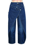 Women American Style Irregular Cross Metal Buckle Wide Leg Pants