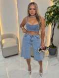 Women Summer Beaded Pearl Denim Capris