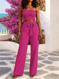 Women Strapless High-Waist Tie Wide-Leg Pants Two-Piece Set
