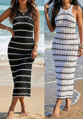 Women Sexy Hollow Out Striped Sleeveless Bodycon Beach Tank Cover-Up Dress