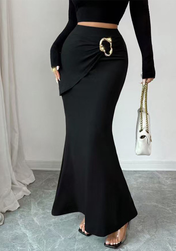 Summer Women Chic Solid Color Metal Decor Bodycon Mermaid Midi Skirt