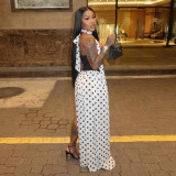Summer Women Patchwork Polka Dot Halter Neck Strapless Ribbon High-Slit Dress