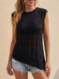 Women Solid Color Round Neck Sleeveless Casual Tassel Irregular Slit Tank Top