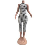 Women Halter Neck Polka Dot Patchwork Stretch Slim Fit Jumpsuit