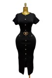 Women Luxury Short-Sleeve Knit Slim Waist Slit Bodycon Dress With Metal Buttons
