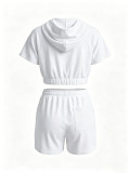 Women Casual Solid Color Hooded Short-Sleeve Drawstring Shorts Sports Two-Piece Outfit