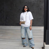 Women Street Knee Ripped Washed Denim Pants