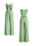 Women Strapless High-Waist Tie Wide-Leg Pants Two-Piece Set