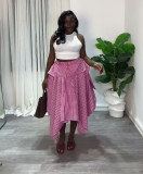 Summer Women Plaid Irregular High-Waist Elastic Waist Tie Midi Skirt