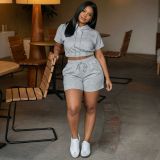 Women Casual Solid Color Hooded Short-Sleeve Drawstring Shorts Sports Two-Piece Outfit