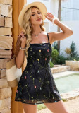 Summer Women Floral Printed Slim Waist Sling A-Line Mini Dress