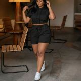 Women Casual Solid Color Hooded Short-Sleeve Drawstring Shorts Sports Two-Piece Outfit