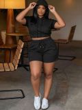 Women Casual Solid Color Hooded Short-Sleeve Drawstring Shorts Sports Two-Piece Outfit