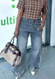 Women Street Raw Edge Multi-Pocket Washed Denim Pants