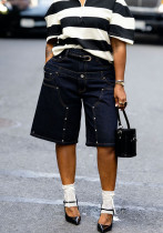 Women Street Fake Two-Piece Double Waist Rivet Denim Shorts Women Street Fake Two-Piece Double Waist Rivet Denim Shorts