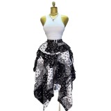Summer Women Plaid Irregular High-Waist Elastic Waist Tie Midi Skirt