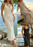 Casual Holiday Women Halter Neck Low Back Lace-Up Hollow Out Strap Long Beach Dress