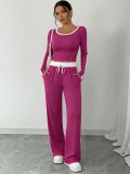 Women Casual High Stretch Patchwork Loose Wide-Leg Pants Slim Fit Two-Piece Outfit