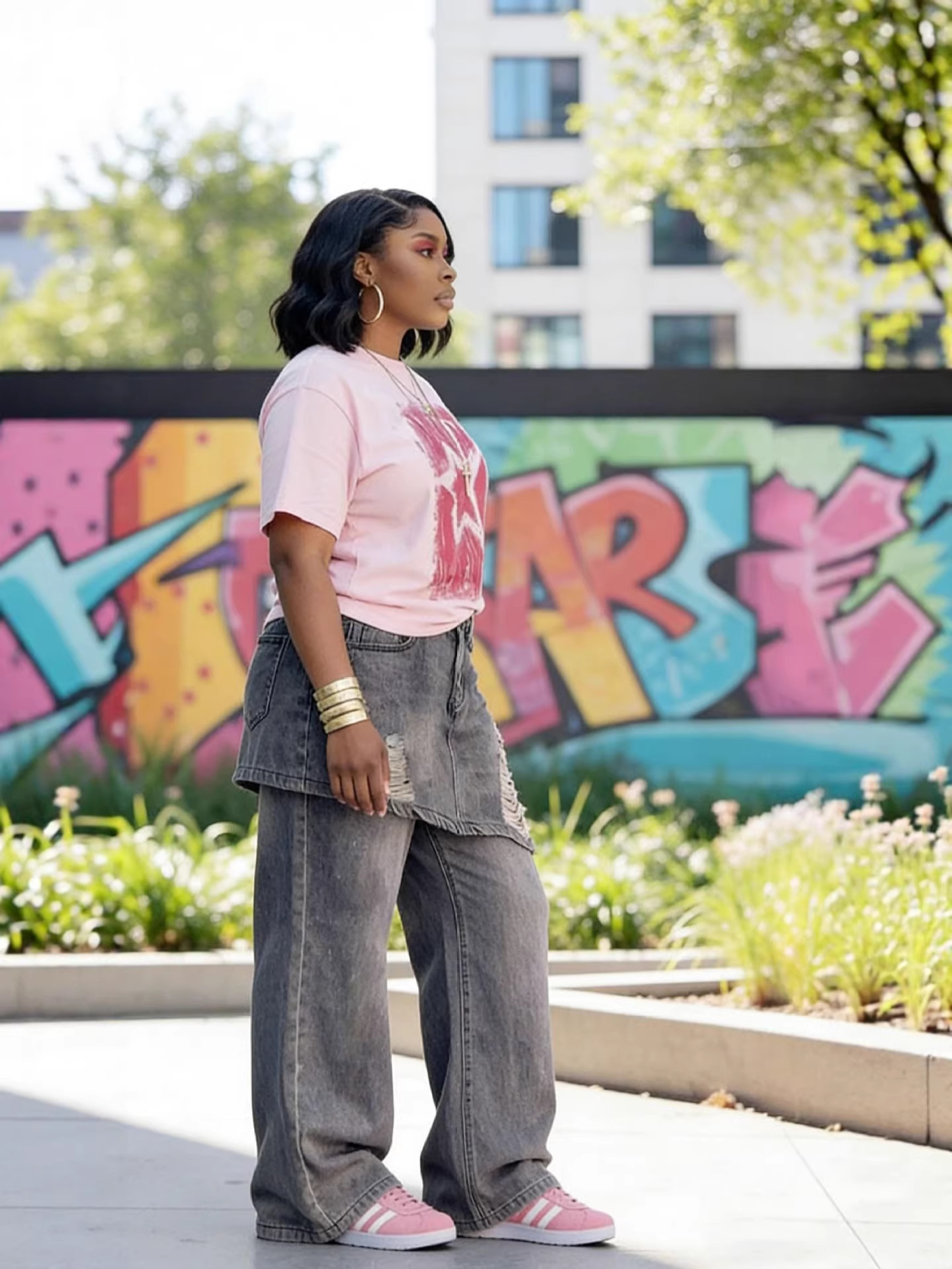 Faux Two-Piece Irregular Ripped Denim Jeans for Streetwear