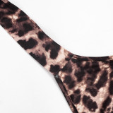 Women Leopard Print Halter Neck Low Back Tie Top Tight Fitting Shorts Two-Piece Set