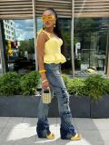 Women Street Pleated Washed Denim Pants