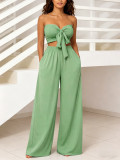 Women Strapless High-Waist Tie Wide-Leg Pants Two-Piece Set