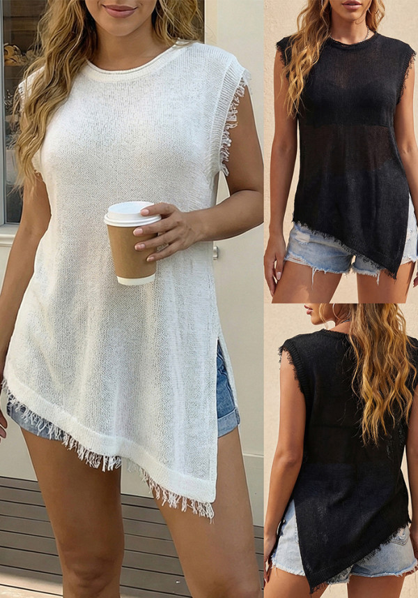 Women Solid Color Round Neck Sleeveless Casual Tassel Irregular Slit Tank Top
