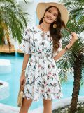 Summer Women V-Neck Tie Floral Chiffon Short-Sleeve A-Line Dress