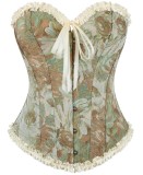 Women Floral Painting Jacquard Corset Lace-Up Ruffled Strapless Bustier Top