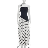 Summer Women Patchwork Polka Dot Halter Neck Strapless Ribbon High-Slit Dress