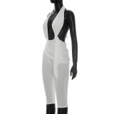 Summer Women Solid Color Halter Neck Tie Knot Low Back Cropped Jumpsuit